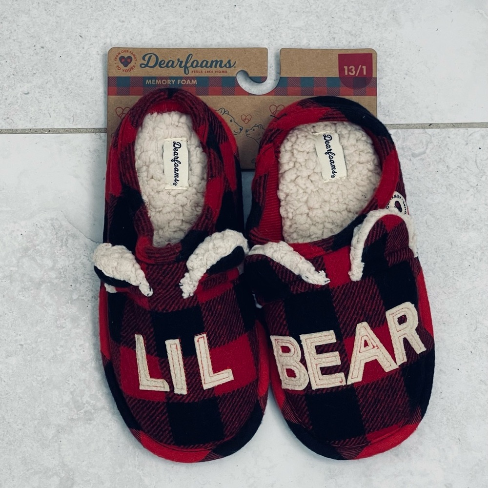 Dearfoams Memory Foam Kids Slippers Size 13/1 Black / Red Plaid Lil Bear
